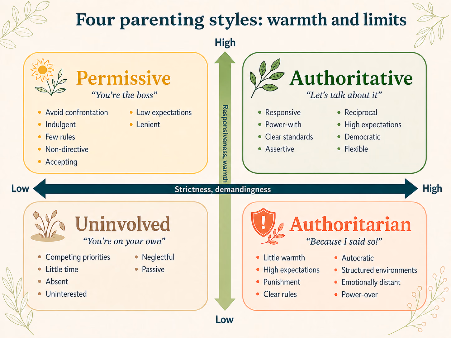 Four-quadrant chart comparing permissive, authoritative, uninvolved and authoritarian parenting across low to high responsiveness, warmth, strictness and demandingness.