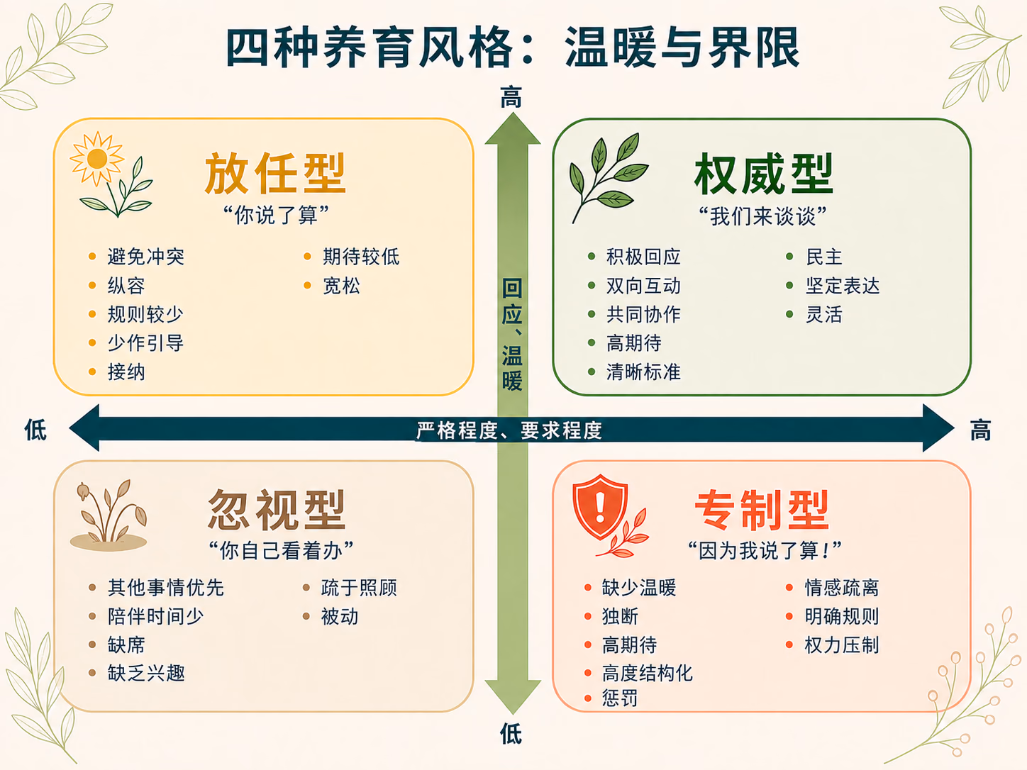 四象限图表，以回应、温暖、严格程度与要求程度的高低，对比放任型、权威型、忽视型与专制型四种养育风格。