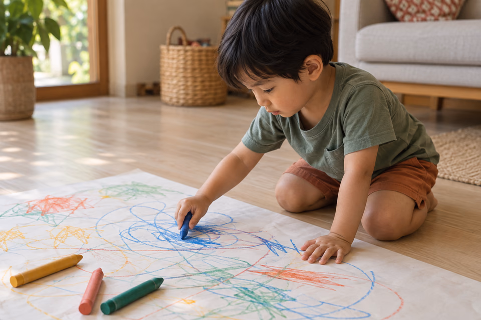 A child kneels on the floor and draws blue loops on a large sheet of paper covered in colourful crayon marks.