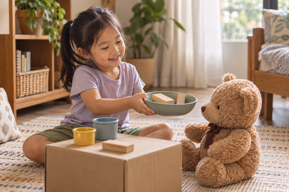 A child offers a teddy bear a bowl of wooden blocks as pretend food, with containers on a cardboard-box kitchen counter.