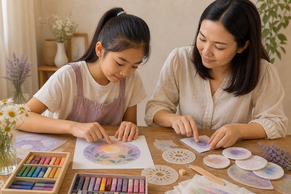 A girl and her Nagomi Art teacher sit side by side at a wooden studio table, the girl blending a soft sunrise-and-leaves circle with one fingertip while the teacher demonstrates on a small practice card beside trays of dry pastel chalk, stencils and cotton pads.