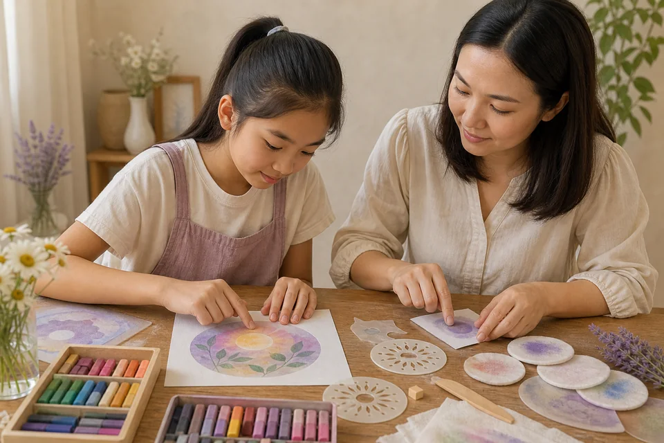 A girl and her Nagomi Art teacher sit side by side at a wooden studio table, the girl blending a soft sunrise-and-leaves circle with one fingertip while the teacher demonstrates on a small practice card beside trays of dry pastel chalk, stencils and cotton pads.