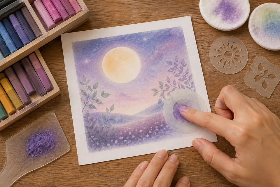 An overhead view of a fingertip blending lavender pastel powder through a circular stencil on a moonlit Pastel Nagomi artwork, with dry pastel chalk and tools nearby.