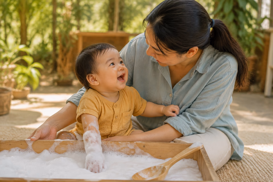 A baby on a caregiver’s lap reaches into white foam and twists round to squeal up at the caregiver, who smiles back.