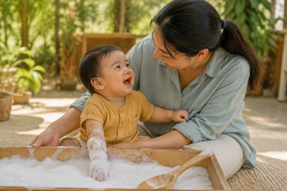 A baby on a caregiver’s lap reaches into white foam and twists round to squeal up at the caregiver, who smiles back.