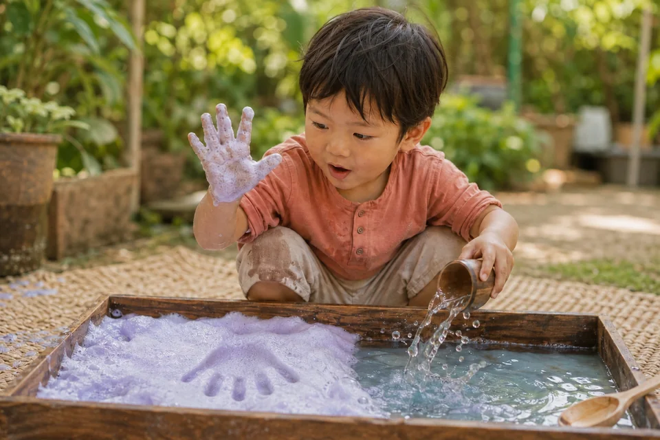 A young child lifts a foam-covered hand out of a pillow of lavender foam, leaving a clear handprint, while tipping a cup of blue-tinted water into the tray.