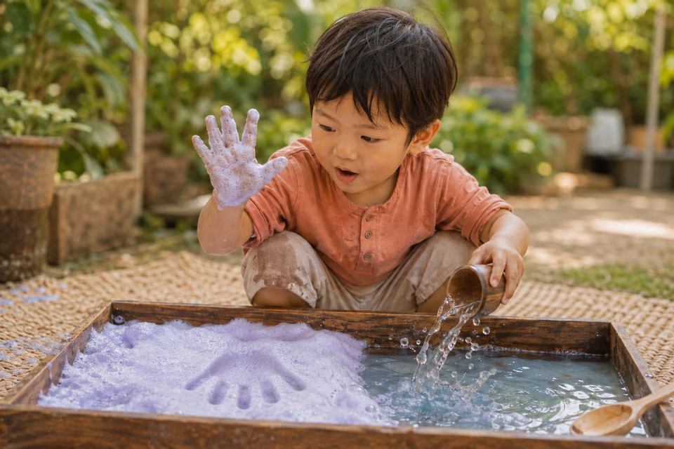 A young child lifts a foam-covered hand out of a pillow of lavender foam, leaving a clear handprint, while tipping a cup of blue-tinted water into the tray.