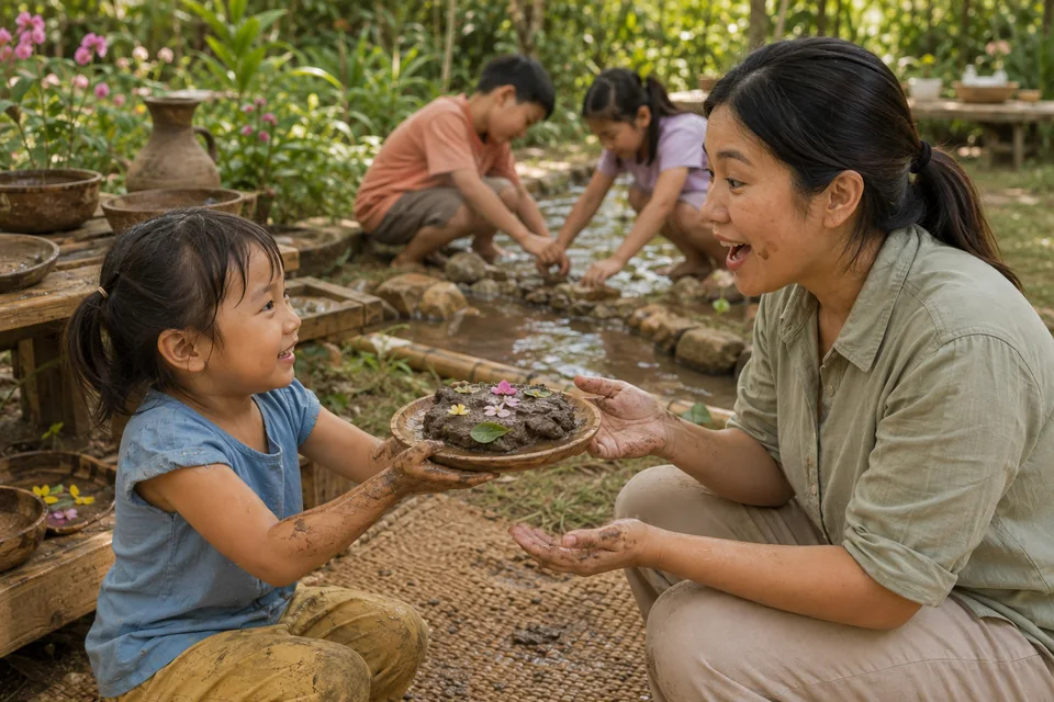 A child proudly holds up a mud pie decorated with petals for a crouching caregiver to admire, while two older children build a dam across a water channel behind them.