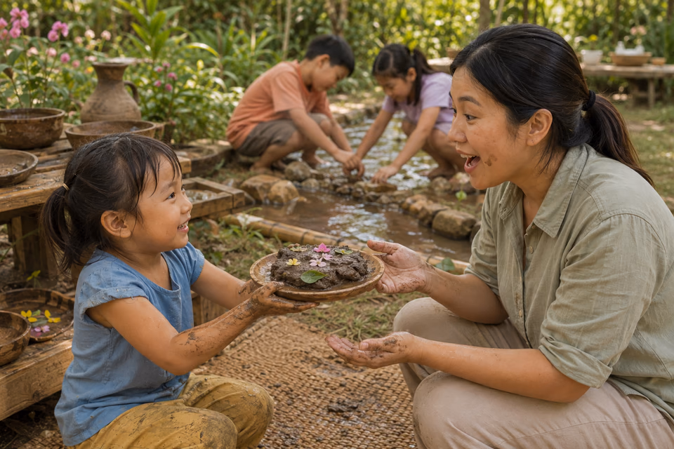 A child proudly holds up a mud pie decorated with petals for a crouching caregiver to admire, while two older children build a dam across a water channel behind them.