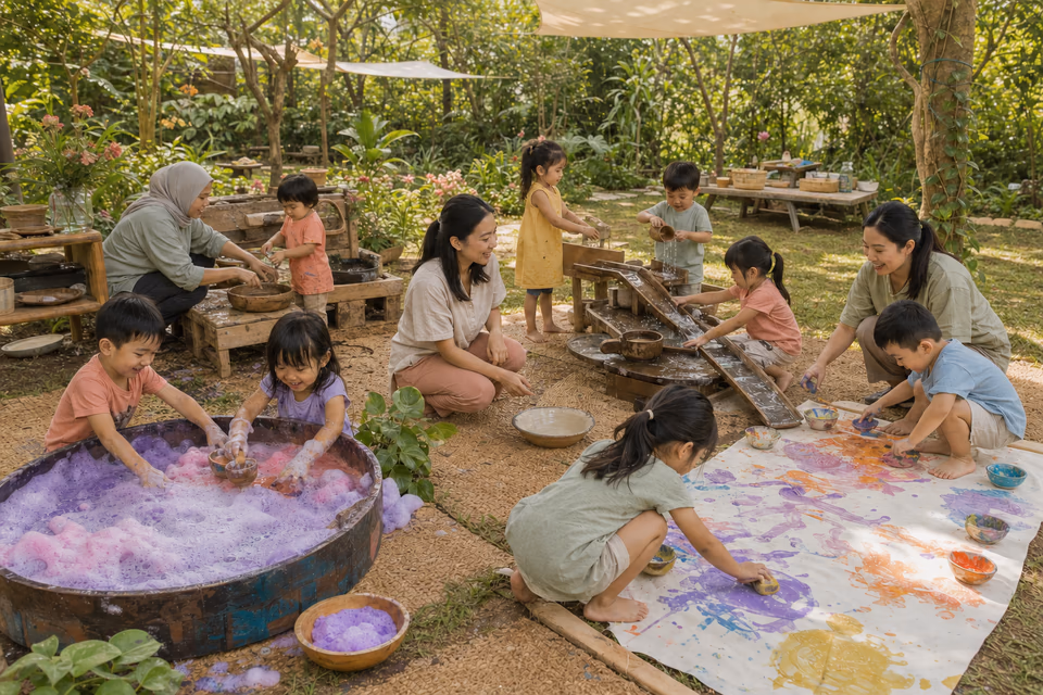 Children and caregivers explore foam, mud, water and painting stations across an outdoor Nurture Play garden session.