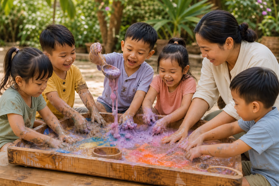 Five children and a caregiver laugh and mix colourful foam, water and soft mud together in a wooden sensory tray.