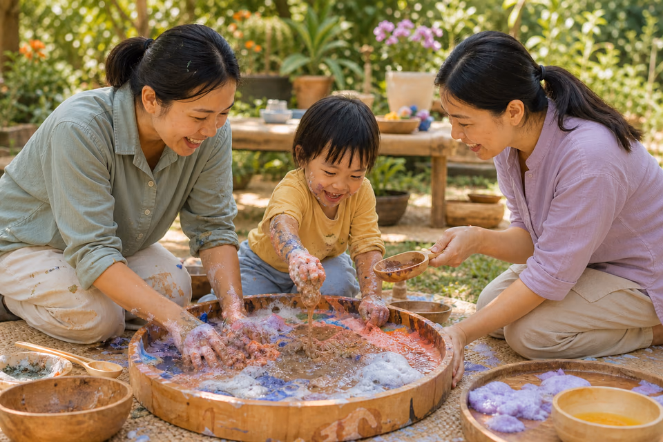 A child, caregiver and facilitator joyfully mix colourful foam, water and soft mud together in a garden sensory tray.