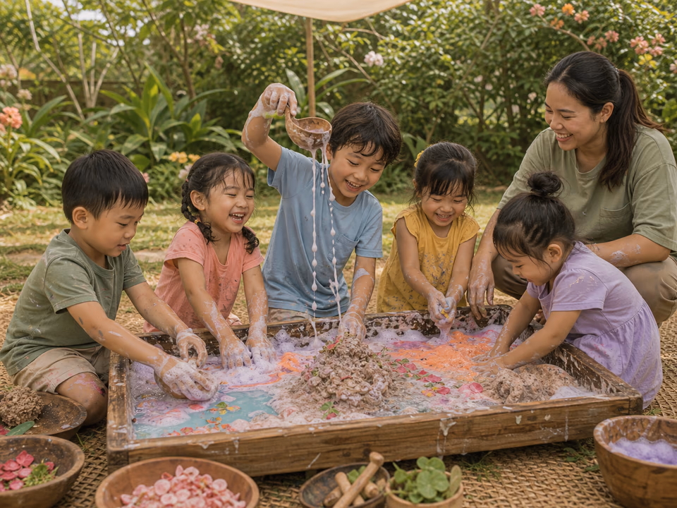 Five children joyfully scoop and swirl foam, water and soft mud together during a garden sensory-play session